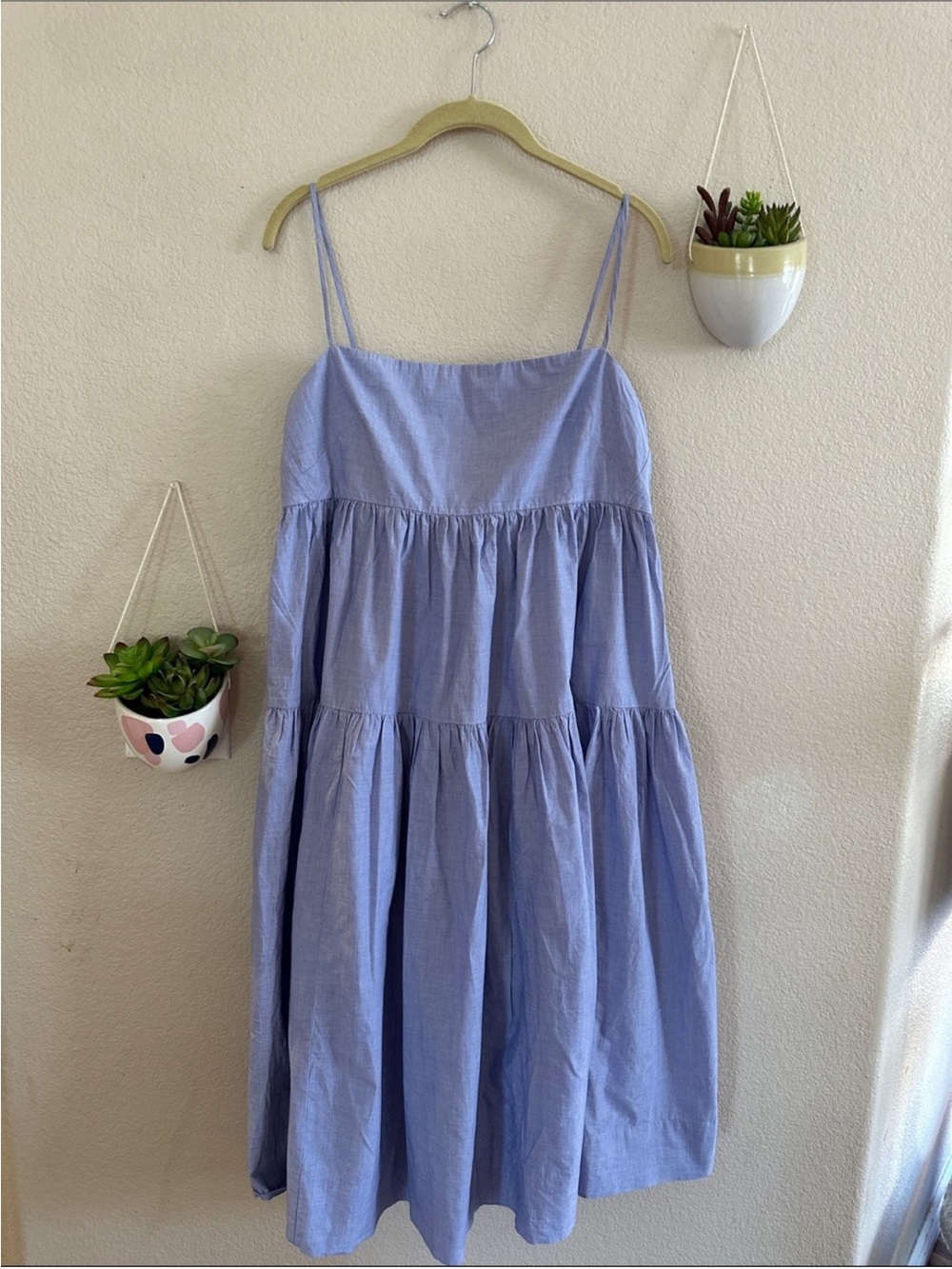 J. Crew Chambray Denim Tier Babydoll Tie Back Midi Dress 10 Large